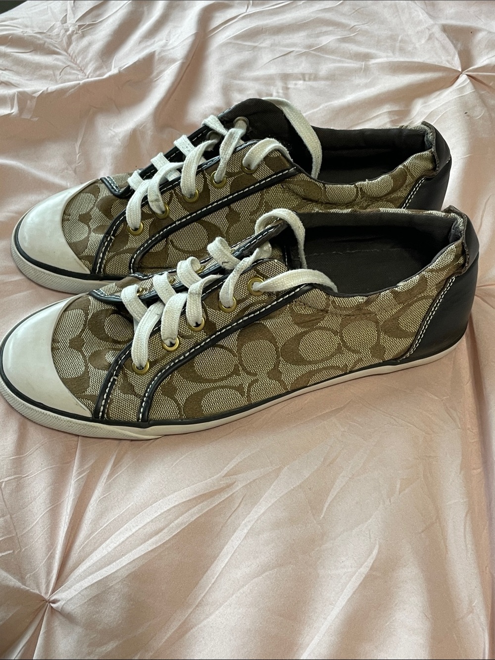 Coach Barrett Khaki Monogram Canvas Sneakers Leather Black Trim Size 10.5 - Picture 1 of 7